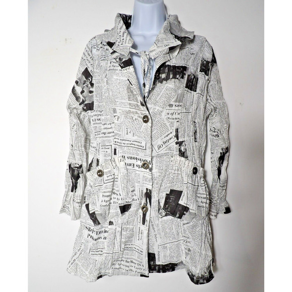 Ki Meng Top Cardigan Blouse Jacket Medium Newspaper Print Lagenlook Art to Wear - Picture 2 of 13